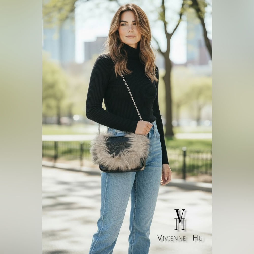 Vivienne Hu Black Crocodile and Gray Fur-Trimmed Women's Bag BRAND NEW LUXURY!